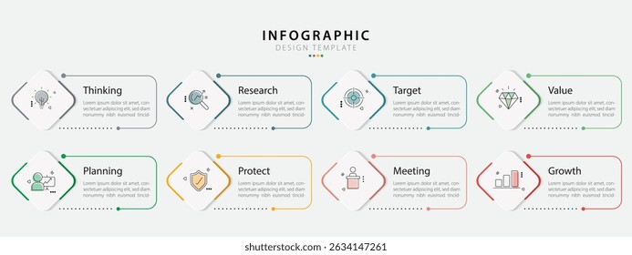 Modelo de infográfico do Criador de Linha do Tempo. 8 Passo de jornada de linha do tempo, calendário Modelo de design de infográficos simples plano. gráfico de apresentação. Conceito de negócios com 8 opções, ilustração de vetor de gantt.