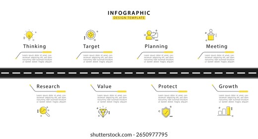 Modelo de infográfico do Criador de Linha do Tempo. 8 Passo de jornada de linha do tempo, calendário Design simples infográfico plano. gráfico de apresentação. Conceito de negócios com 8 opções, ilustração de vetor de estrada de estrada.