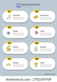 Modelo de infográfico do Criador de Linha do Tempo. 8 Passo de jornada de linha do tempo, calendário Modelo de design de infográficos simples plano. gráfico de apresentação. Conceito de negócios com 8 opções, ilustração de vetor de gantt.