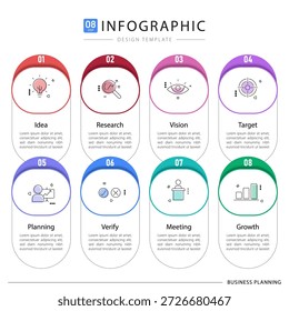 Modelo de infográfico do Criador de Linha do Tempo. 8 Passo de jornada de linha do tempo, calendário Modelo de design de infográficos simples plano. gráfico de apresentação. Conceito de negócios com 8 opções, ilustração de vetor de gantt.