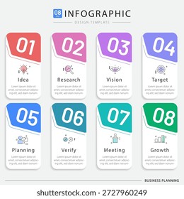 Modelo de infográfico do Criador de Linha do Tempo. 8 Passo de jornada de linha do tempo, calendário Modelo de design de infográficos simples plano. gráfico de apresentação. Conceito de negócios com 8 opções, ilustração de vetor de gantt.