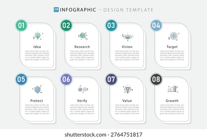 Timeline Creator infographic template. 8 Step timeline journey, calendar Flat simple infographics design template. presentation graph. Business concept with 8 options, gantt vector illustration.