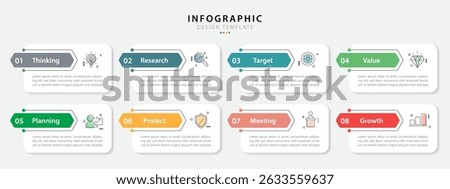 Timeline Creator infographic template. 8 Step timeline journey, calendar Flat simple infographics design template. presentation graph. Business concept with 8 options, gantt vector illustration.