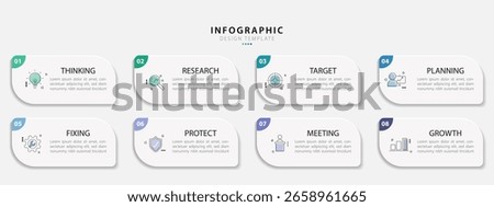 Timeline Creator infographic template. 8 Step timeline journey, calendar Flat simple infographics design template. presentation graph. Business concept with 8 options, gantt vector illustration.