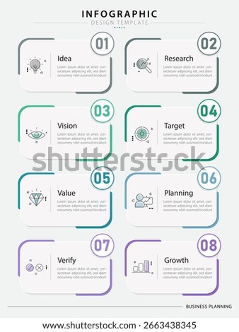 Timeline Creator infographic template. 8 Step timeline journey, calendar Flat simple infographics design template. presentation graph. Business concept with 8 options, gantt vector illustration.