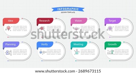 Timeline Creator infographic template. 8 Step timeline journey, calendar Flat simple infographics design template. presentation graph. Business concept with 8 options, gantt vector illustration.
