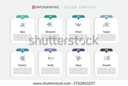 Timeline Creator infographic template. 8 Step timeline journey, calendar Flat simple infographics design template. presentation graph. Business concept with 8 options, gantt vector illustration.