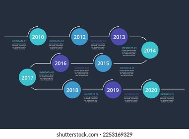 Timeline dark infographic with 10 elements template for web on a black background, business, presentation, vector illustration