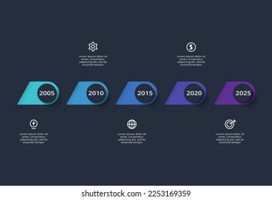 Dunkle Timeline-Infografik mit 5 Elementen-Vorlage für Web auf schwarzem Hintergrund, Business, Präsentation, Vektorgrafik