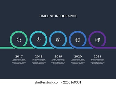 Timeline dark infographic with 5 elements template for web on a black background, business, presentation, vector illustration