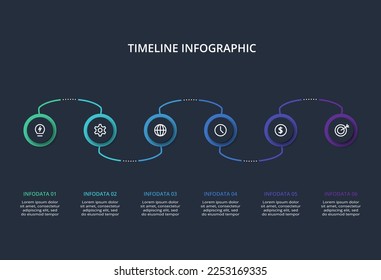 Timeline dark infographic with 6 elements template for web on a black background, business, presentation, vector illustration