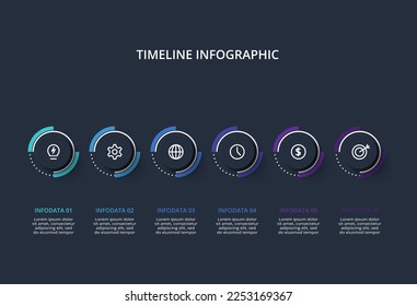 Dunkle Timeline-Infografik mit 6 Elementen-Vorlage für Web auf schwarzem Hintergrund, Business, Präsentation, Vektorgrafik