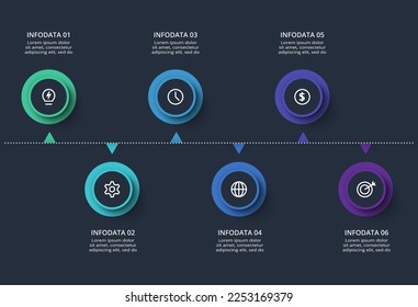 Dunkle Timeline-Infografik mit 6 Elementen-Vorlage für Web auf schwarzem Hintergrund, Business, Präsentation, Vektorgrafik
