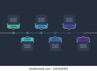 Infografía oscura de la línea de tiempo con 6 elementos plantilla para web sobre fondo negro, negocios, presentación, ilustración vectorial