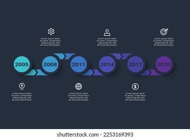 Timeline dark infographic with 6 elements template for web on a black background, business, presentation, vector illustration