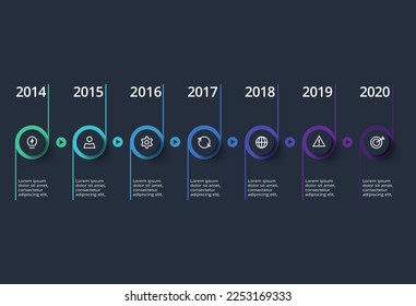 Infografía oscura de la línea de tiempo con 7 elementos plantilla para web sobre fondo negro, negocios, presentación, ilustración vectorial