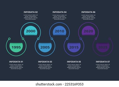 Timeline dark infographic with 7 elements template for web on a black background, business, presentation, vector illustration