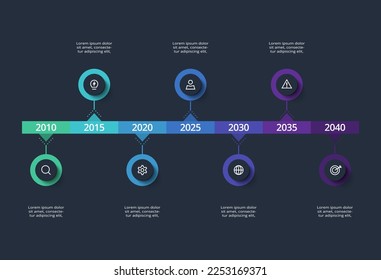 Timeline dark infographic with 7 elements template for web on a black background, business, presentation, vector illustration