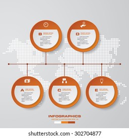 timeline description. 5 steps timeline infographic with global map background for business design
