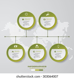 timeline description. 5 steps timeline infographic with global map background for business design