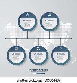 timeline description. 5 steps timeline infographic with global map background for business design
