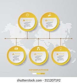 timeline description. 5 steps timeline infographic with global map background for business design