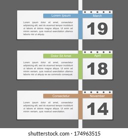 Timeline design template with calendar dates, vector eps10 illustration