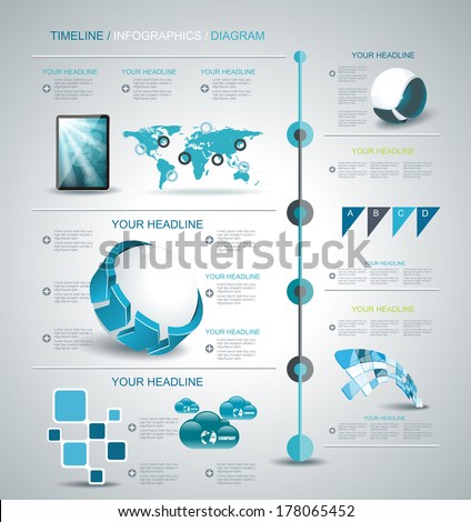 Timeline design template with world map, web buttons and paper tags.