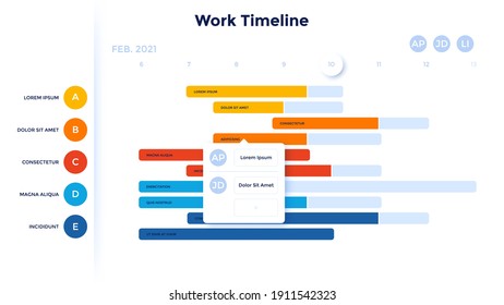 Timeline diagram with 5 horizontal bars and month indication. Concept of completion progress of work project. Corporate infographic design template. Modern flat vector illustration for task tracking.