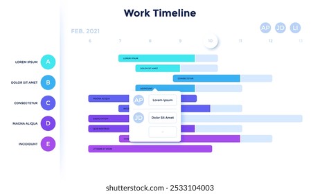 Diagrama de línea de tiempo con 5 barras Horizontales e indicación de mes. Concepto de progreso de finalización del proyecto de trabajo. Plantilla Corporativa de diseño de infografía. Ilustración vectorial plana moderna para el seguimiento de tareas.