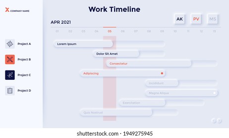 Timeline diagram with horizontal bars and project completion indication. Concept of work management, task planning. Neumorphic infographic design template. Modern vector illustration for presentation.