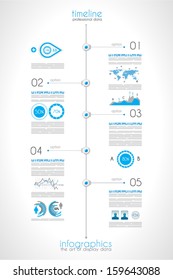 Timeline to display your data in order with Infographic elements technology icons,  graphs,world map and so on. Ideal for statistic data display.