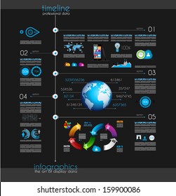 Timeline to display your data in order with Infographic elements technology icons,  graphs,world map and so on. Ideal for statistic data display.