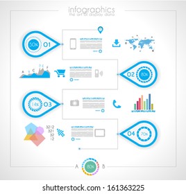 Timeline to display your data in order with Infographic elements technology icons,  graphs,world map and so on. Ideal for statistic data display.
