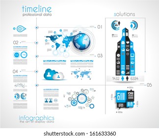 Timeline to display your data in order with Infographic elements technology icons,  graphs,world map and so on. Ideal for statistic data display.