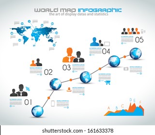 Timeline to display your data in order with Infographic elements technology icons,  graphs,world map and so on. Ideal for statistic data display.