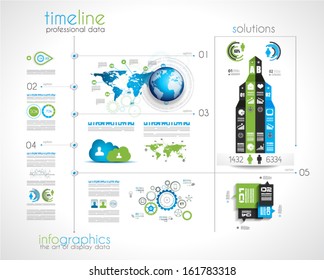 Timeline to display your data in order with Infographic elements technology icons,  graphs,world map and so on. Ideal for statistic data display.
