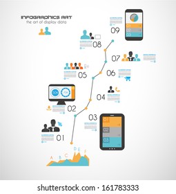 Timeline to display your data in order with Infographic elements technology icons,  graphs,world map and so on. Ideal for statistic data display.