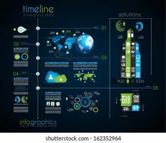 Timeline to display your data in order with Infographic elements technology icons,  graphs,world map and so on. Ideal for statistic data display.