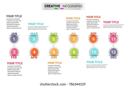 Timeline to display your data in order with Infographic, graphs,Ideal for statistical data, notes month display 12 months 1 year,. Vector can be used for workflow layout, diagram, number step 