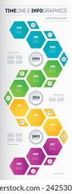 The timeline is divided into 4 parts, each of which consists of 3 elements. The calendar is for 12 months. Vertical Infographics.