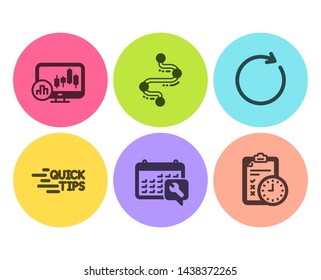 Timeline, Education and Candlestick chart icons simple set. Spanner, Synchronize and Exam time signs. Journey path, Quick tips. Technology set. Flat timeline icon. Circle button. Vector