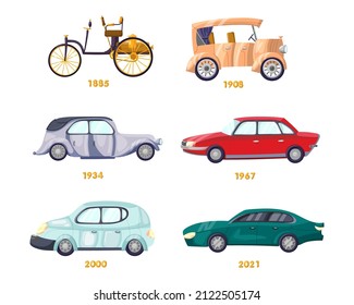 Timeline of evolution of automobiles vector illustrations set. Old, classic and modern models of cars, auto industry isolated on white background. Transport, transportation, history concept