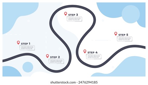 Timeline with execution points. Chronology of the execution of the process on the winding road. Workflow infographics. Vector illustration