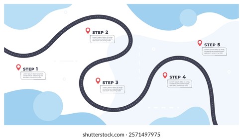 Timeline with execution points. Chronology of the execution of the process on the winding road. Workflow infographics. Vector illustration