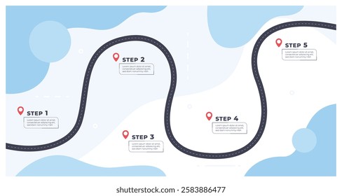 Timeline with execution points. Chronology of the execution of the process on the winding road. Workflow infographics. Vector illustration