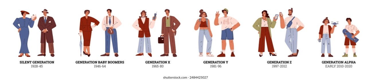 Timeline of fashion and technology across generations. Vector set of illustrations from the Silent Generation to Generation Alpha with characteristic attire and gadgets.