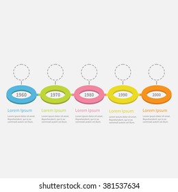 Timeline Five step Infographic. Colorful circles. Template. Flat design. White background. Isolated Vector illustration