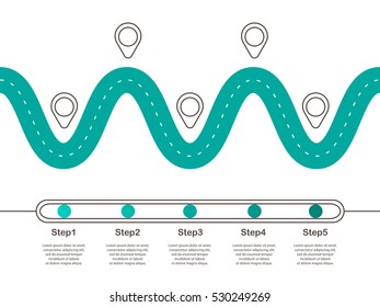 Timeline Five Steps Blue Zig-zag Road With Pin-pointer. Vector EPS 10