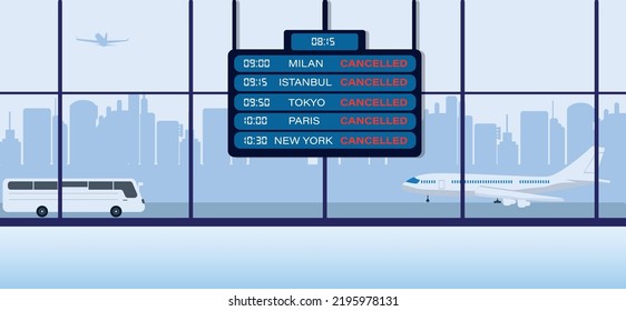 Timeline of flight times on the big screen at the airport. Overseas travels. Infographic, information systems concept.